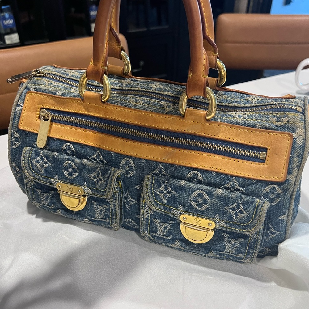 Authentic Louis Vuitton Neo Denim Monogram Speedy handbag LV Tan Suede.